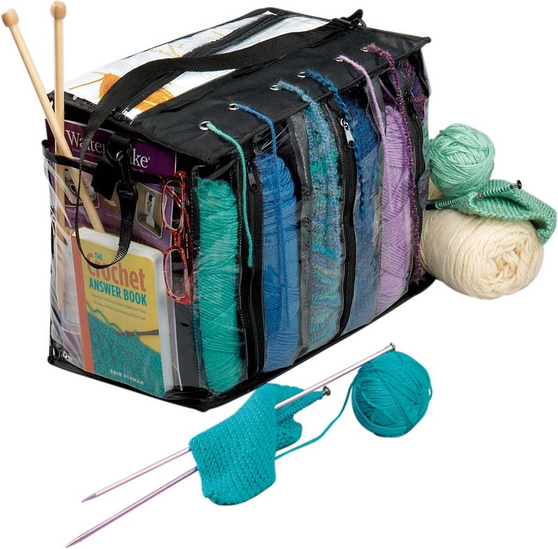 MEKBOK Knitting Organizer Portable Knitting Yarn Storage Bag With Multiple Pockets, Individual Compartments, Carrying Shoulder Strap - Clear Plastic Tote Bag For Needles, Crochets & Threads - Image 1